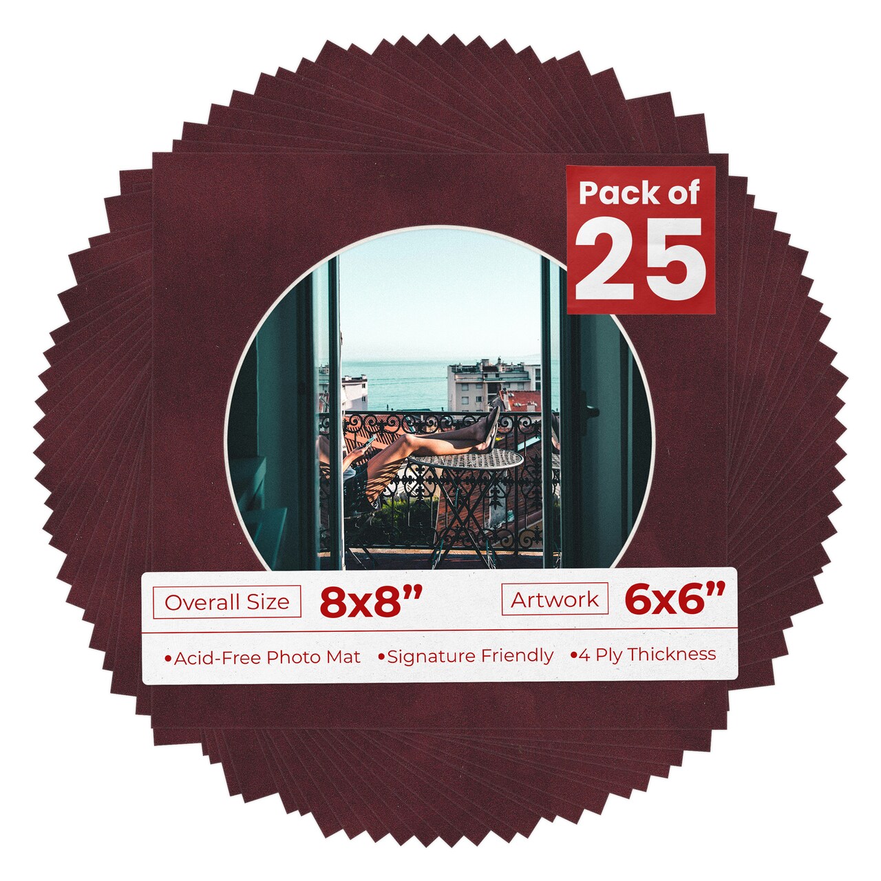Dark Red Suede Mat Board for 8x8 Frames - Circle Opening for 6x6 Photos
